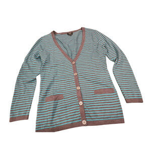 Talbots Petites 100% Merino Wool Striped Gray Teal Turquoise Cardigan Sweater S